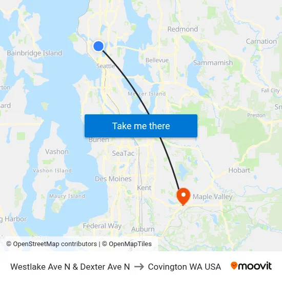 Westlake Ave N & Dexter Ave N to Covington WA USA map