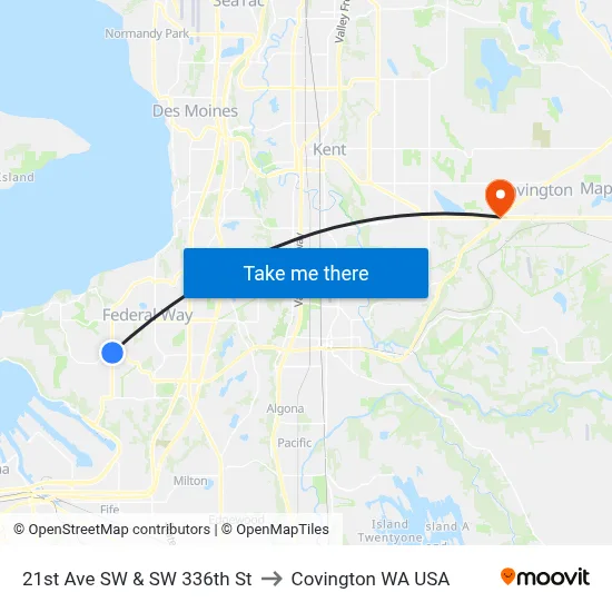 21st Ave SW & SW 336th St to Covington WA USA map