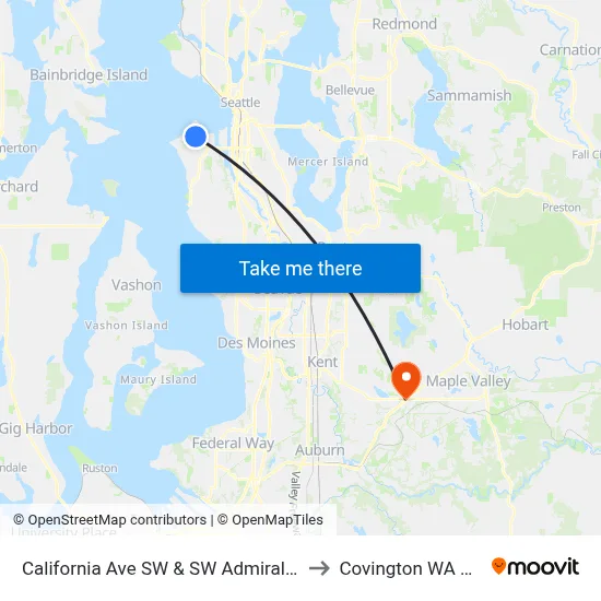 California Ave SW & SW Admiral Way to Covington WA USA map