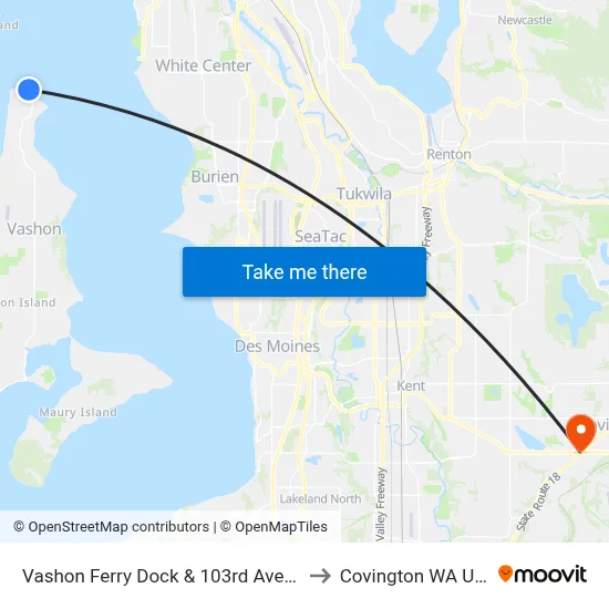 Vashon Ferry Dock & 103rd Ave SW to Covington WA USA map