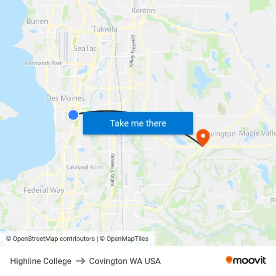 Highline College to Covington WA USA map