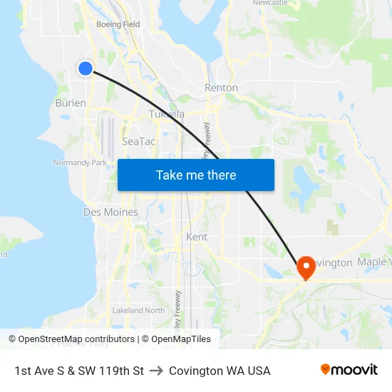 1st Ave S & SW 119th St to Covington WA USA map