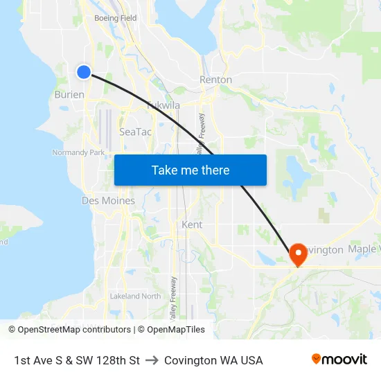 1st Ave S & SW 128th St to Covington WA USA map