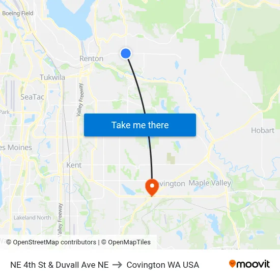 NE 4th St & Duvall Ave NE to Covington WA USA map