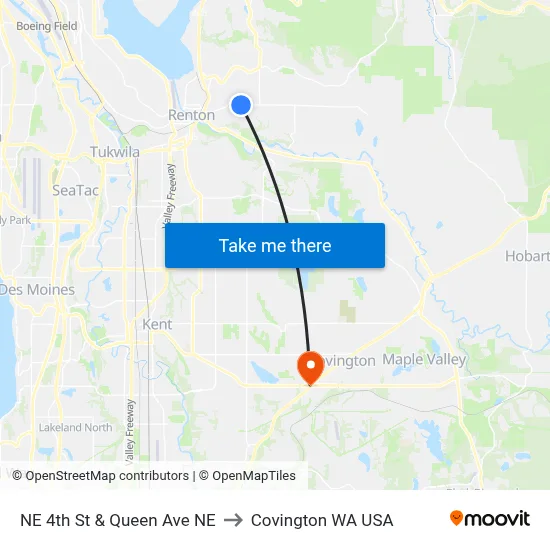 NE 4th St & Queen Ave NE to Covington WA USA map