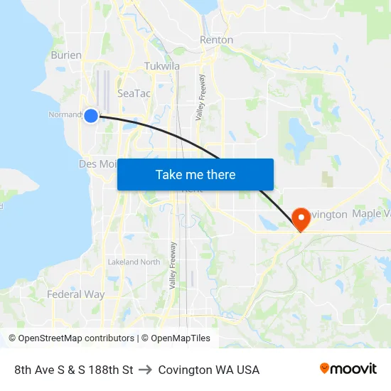 8th Ave S & S 188th St to Covington WA USA map