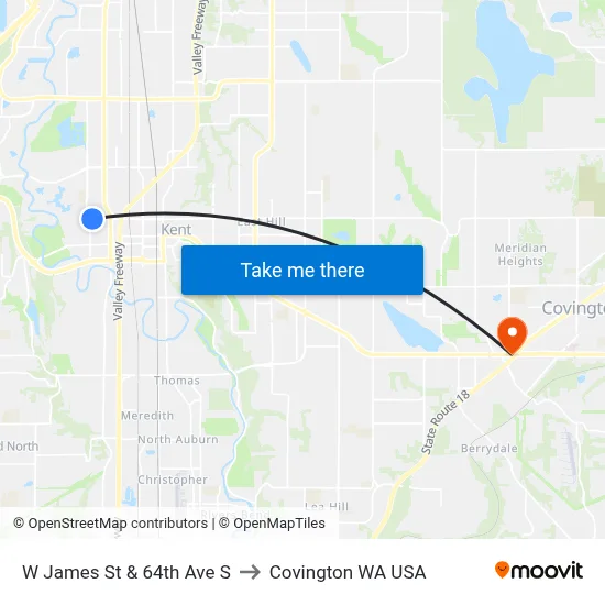 W James St & 64th Ave S to Covington WA USA map