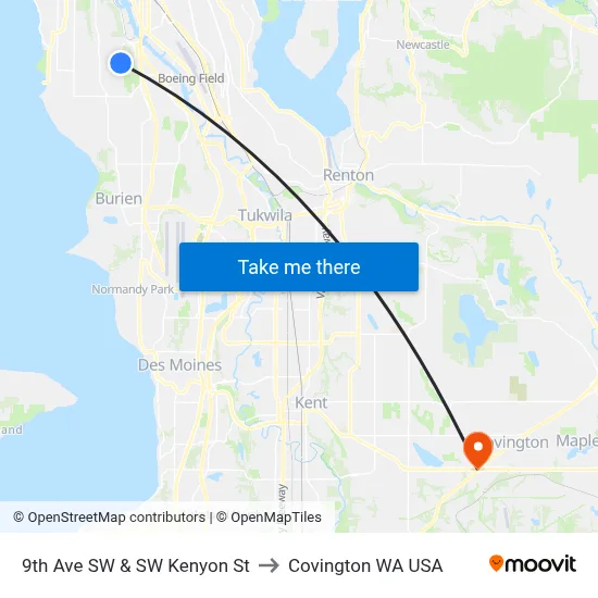 9th Ave SW & SW Kenyon St to Covington WA USA map