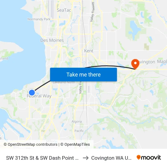 SW 312th St & SW Dash Point Rd to Covington WA USA map