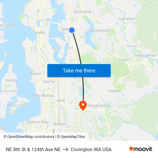 NE 8th St & 124th Ave NE to Covington WA USA map