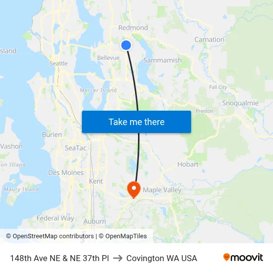 148th Ave NE & NE 37th Pl to Covington WA USA map