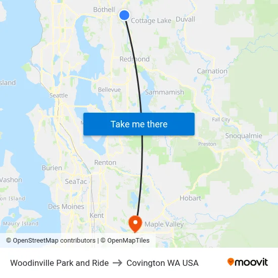 Woodinville Park and Ride to Covington WA USA map