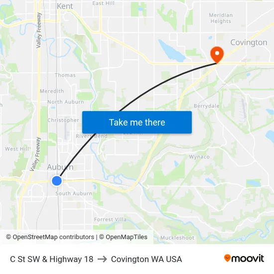 C St SW & Highway 18 to Covington WA USA map