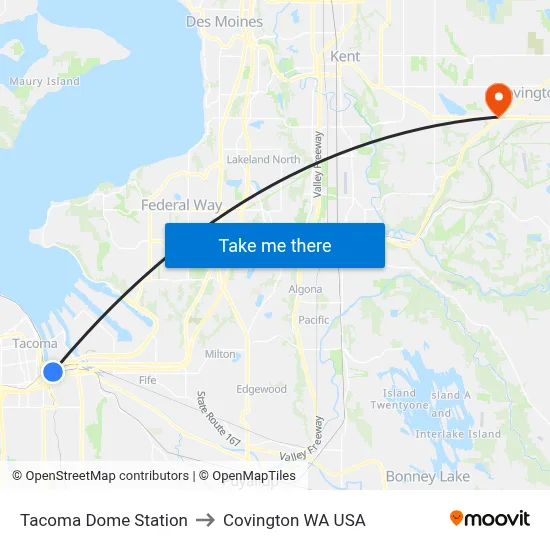 Tacoma Dome Station to Covington WA USA map