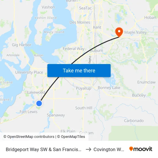Bridgeport Way SW & San Francisco Ave SW to Covington WA USA map