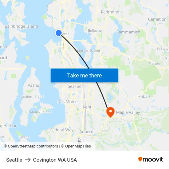 Seattle to Covington WA USA map