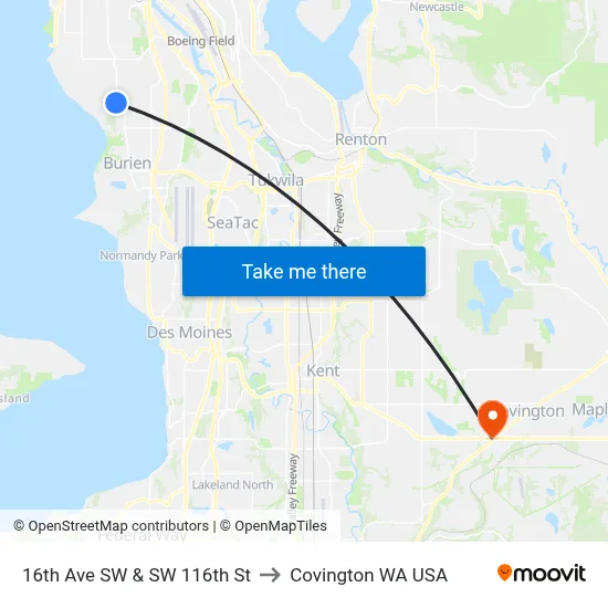 16th Ave SW & SW 116th St to Covington WA USA map