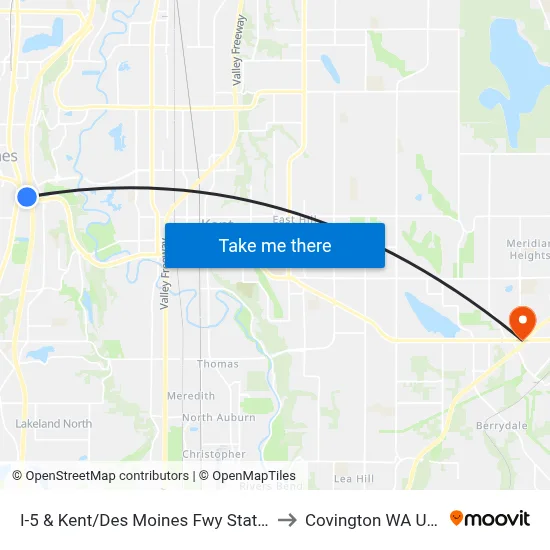I-5 & Kent/Des Moines Fwy Station to Covington WA USA map