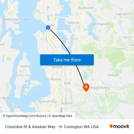 Columbia St & Alaskan Way to Covington WA USA map