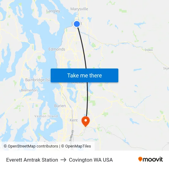 Everett Amtrak Station to Covington WA USA map