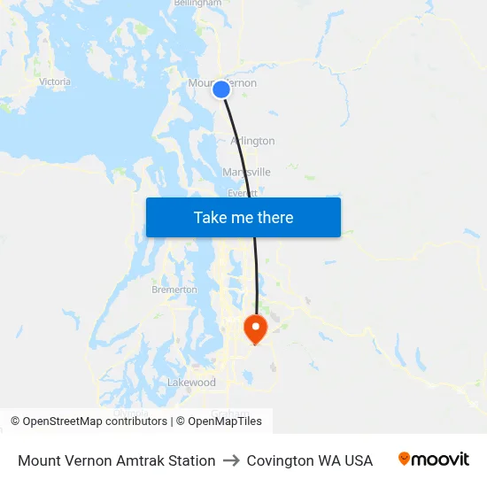 Mount Vernon Amtrak Station to Covington WA USA map