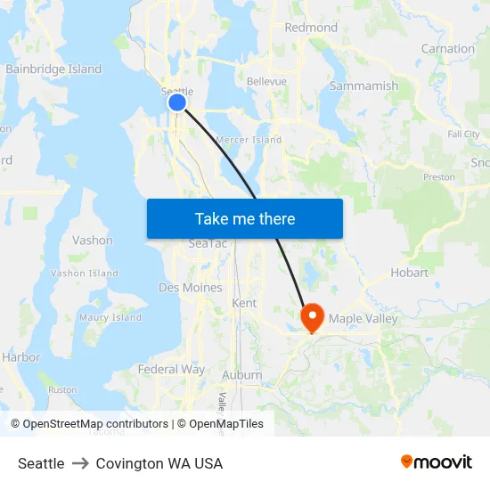 Seattle to Covington WA USA map