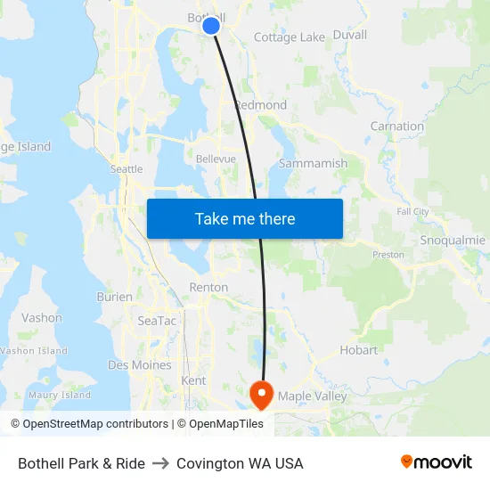 Bothell Park & Ride to Covington WA USA map