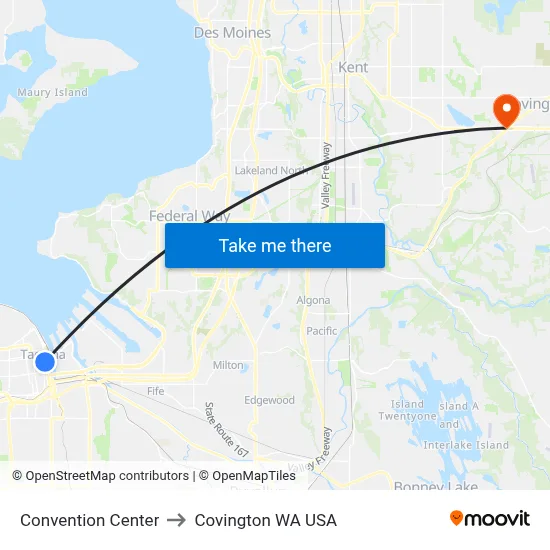 Convention Center to Covington WA USA map