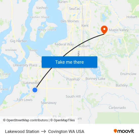 Lakewood Station to Covington WA USA map