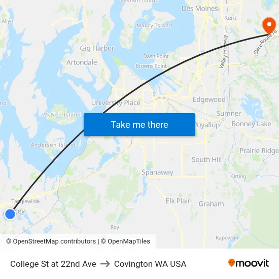 College St at 22nd Ave to Covington WA USA map