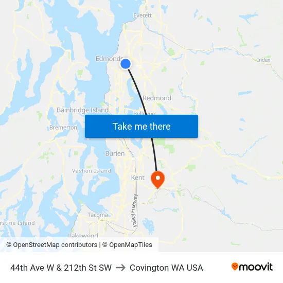 44th Ave W & 212th St SW to Covington WA USA map
