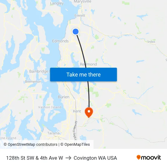 128th St SW & 4th Ave W to Covington WA USA map