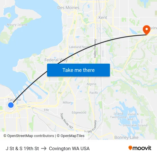 J St & S 19th St to Covington WA USA map