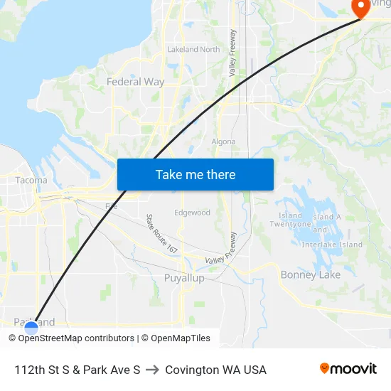 112th St S & Park Ave S to Covington WA USA map