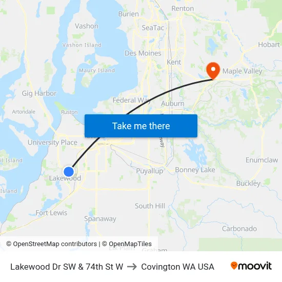 Lakewood Dr SW & 74th St W to Covington WA USA map