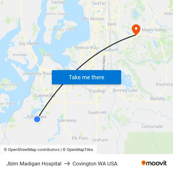 Jblm Madigan Hospital to Covington WA USA map