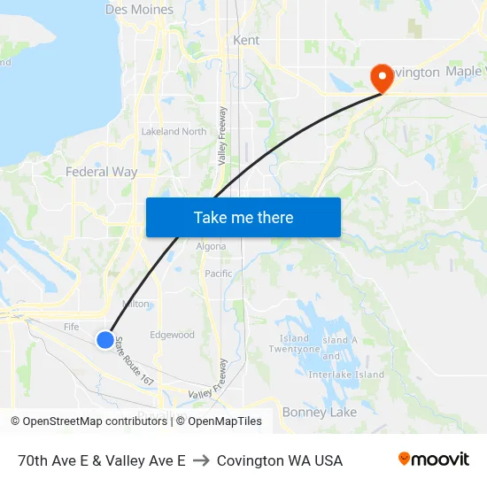 70th Ave E & Valley Ave E to Covington WA USA map