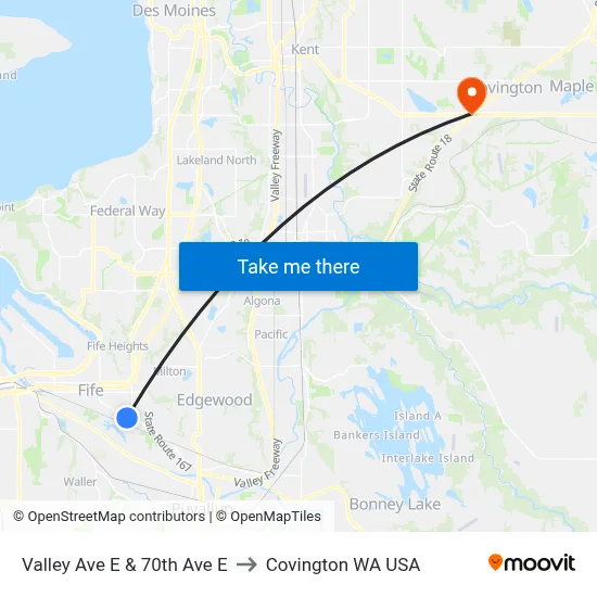 Valley Ave E & 70th Ave E to Covington WA USA map