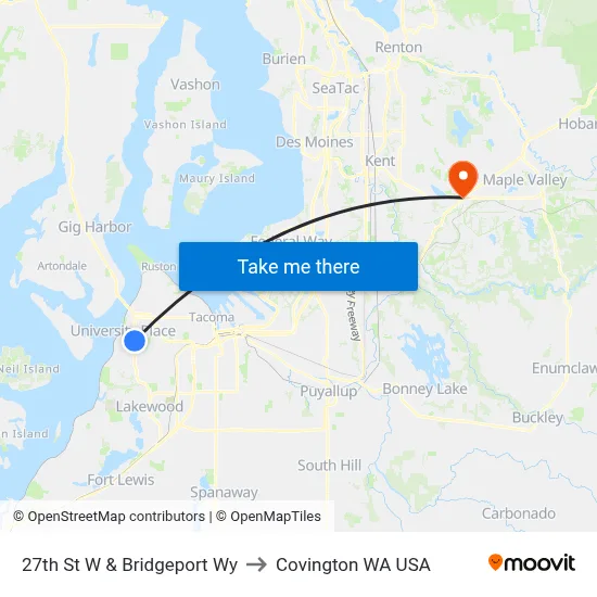 27th St W & Bridgeport Wy to Covington WA USA map