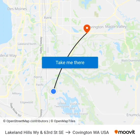 Lakeland Hills Wy & 63rd St SE to Covington WA USA map