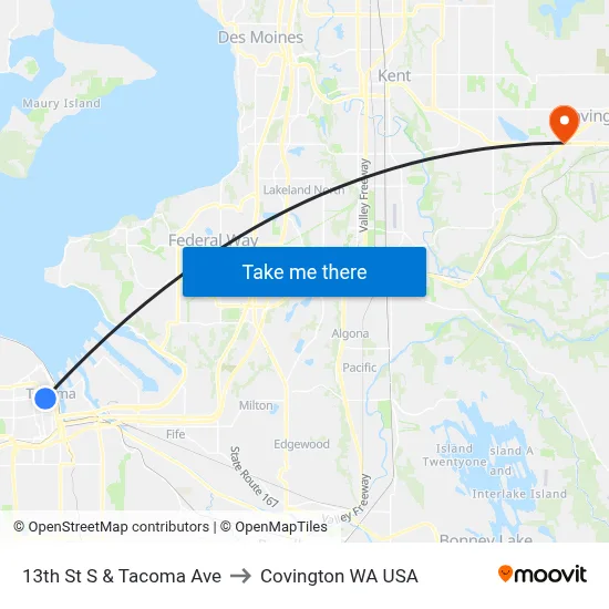 13th St S & Tacoma Ave to Covington WA USA map