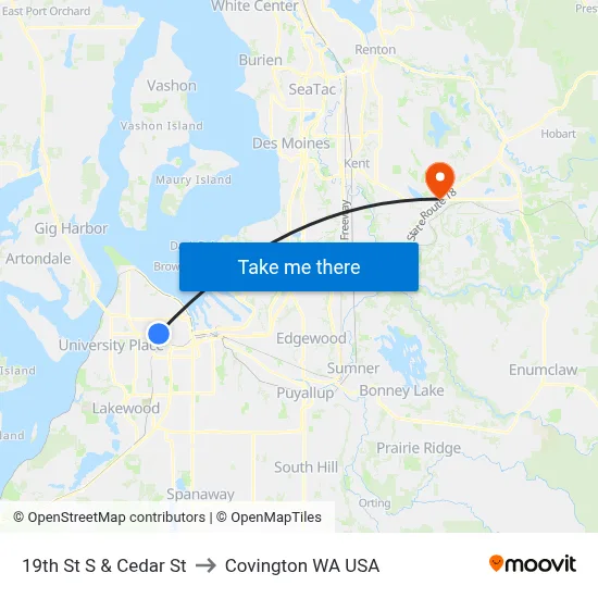 19th St S & Cedar St to Covington WA USA map