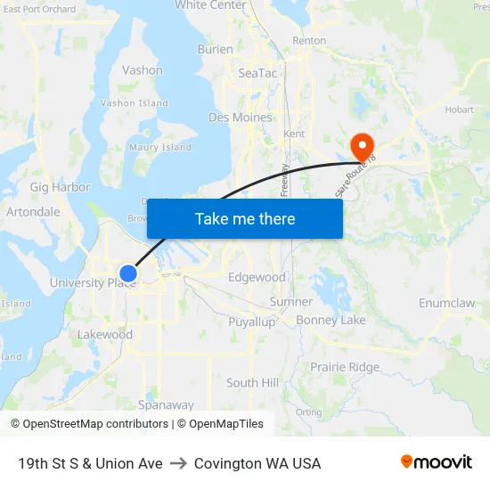 19th St S & Union Ave to Covington WA USA map