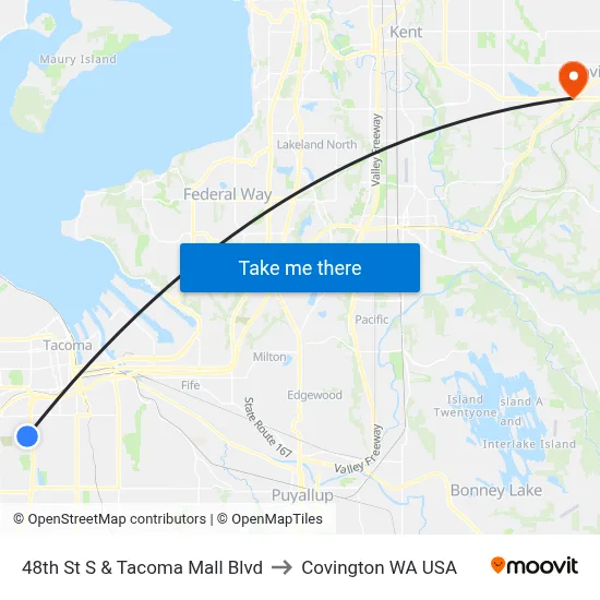48th St S & Tacoma Mall Blvd to Covington WA USA map