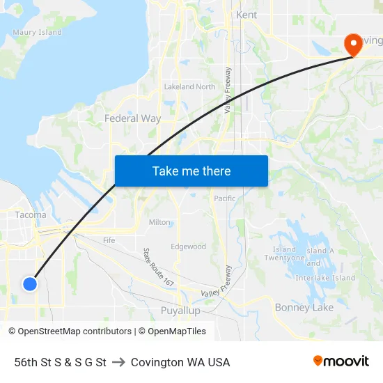 56th St S & S G St to Covington WA USA map