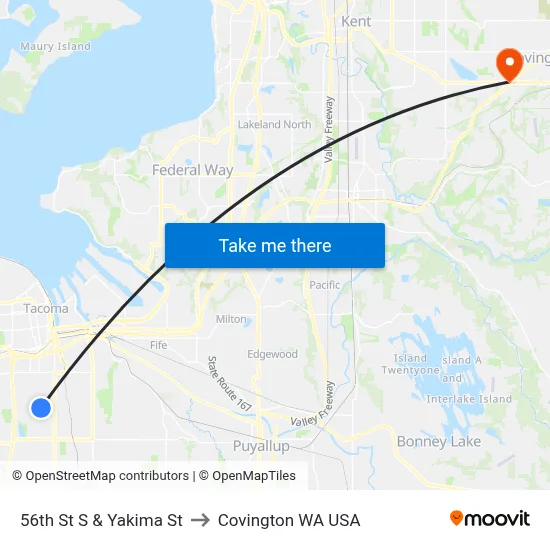 56th St S & Yakima St to Covington WA USA map