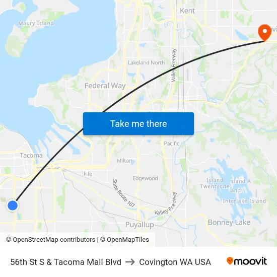 56th St S & Tacoma Mall Blvd to Covington WA USA map