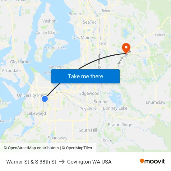 Warner St & S 38th St to Covington WA USA map