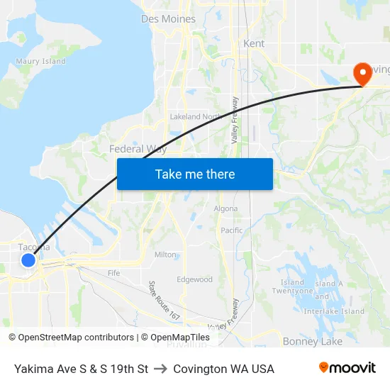 Yakima Ave S & S 19th St to Covington WA USA map