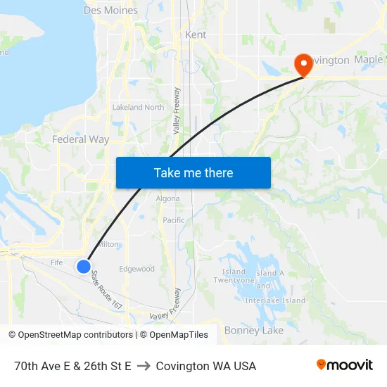 70th Ave E & 26th St E to Covington WA USA map
